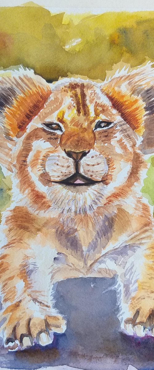 Baby Lion, animal, gift, animals watercolor painting by Geeta Yerra