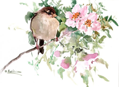 Sparrow Bird  and Blooming Tree by Suren Nersisyan