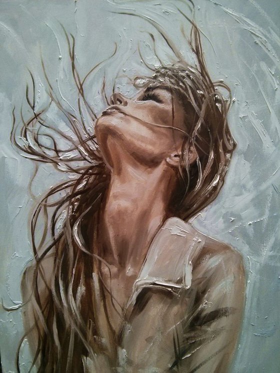 " FREE YOUR MIND "- WIND HAIR ORIGINAL OIL PAINTING, GIFT,