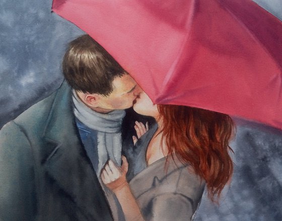 The Kiss - Lovers Kiss - Man and Woman Kissing under Red Umbrella - Valentine's Day