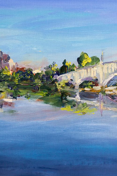 Salamanca, view from the river. Original oil painting. Spain medium size painting on of a kind blue river reflection bridge landscape impression by Sasha Romm