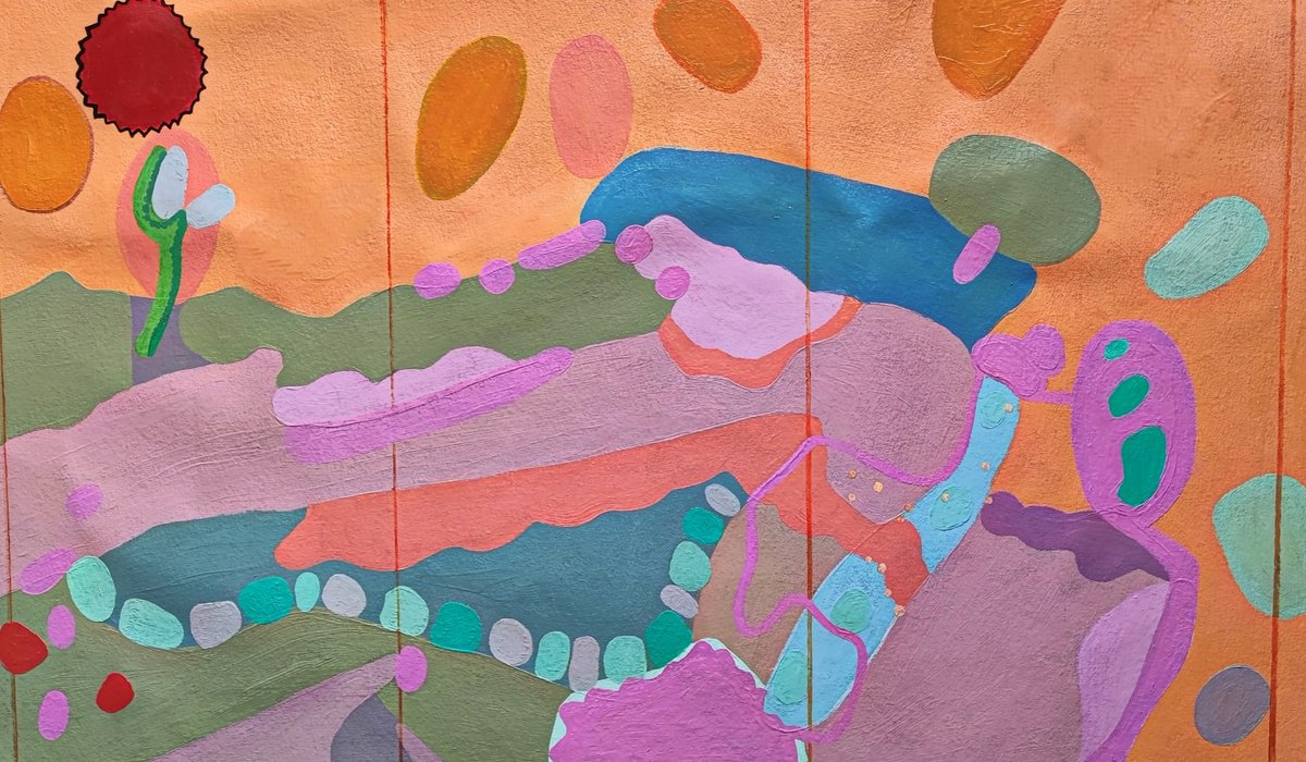 Surrealistic Landscape Oil Painting By Chrissy Guest, 37 X 22, Embracing Nature, Original Artwork