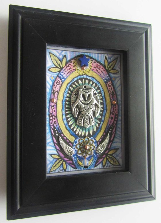 Owl totem art barn owl sculpture mixed media assemblage Limited Edition collage with gemstones