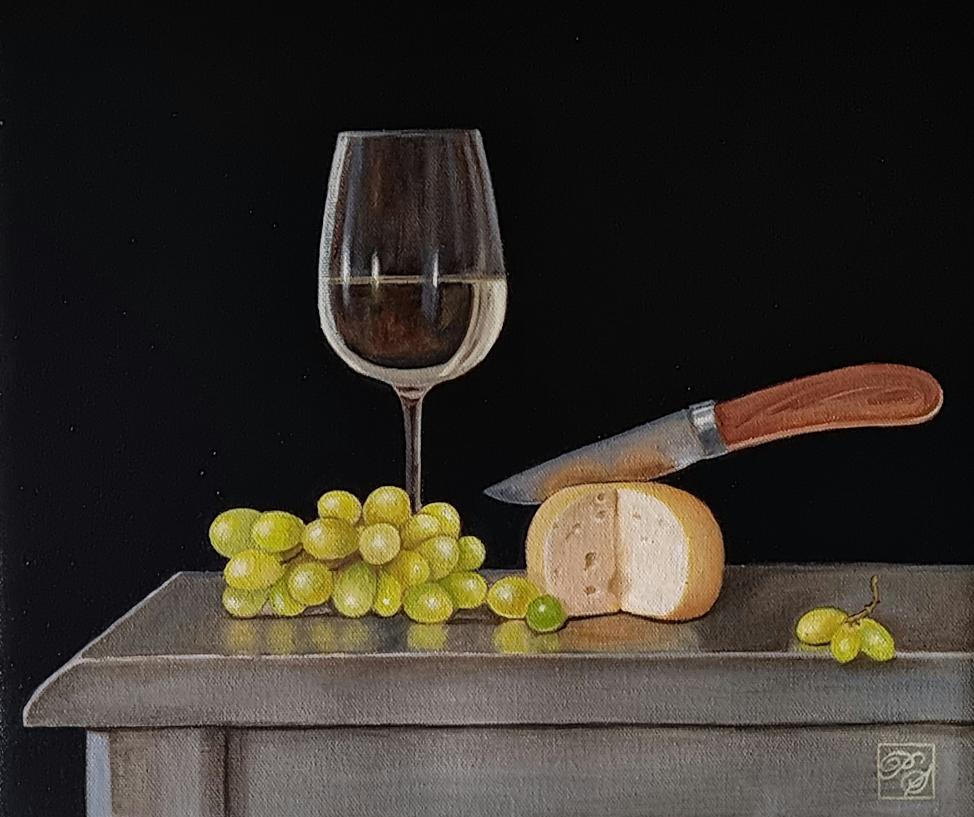 Photorealistic Still Life Oil Painting By Priyanka Singh, 14 X 12", Cheese And Grapes, Original Artwork