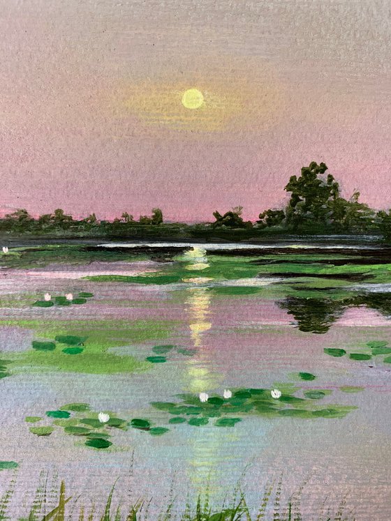 Water lily pond at pink sunset ! A4 Painting on paper
