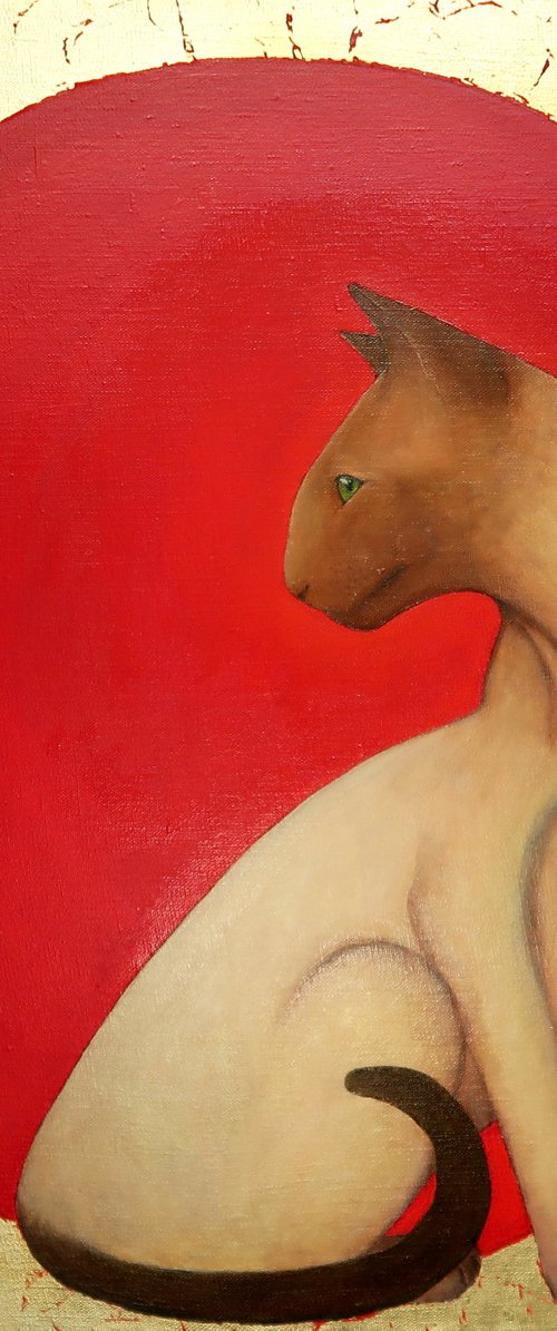 Oriental cat. Oil painting with gold leaf by Yuliia Ustymenko