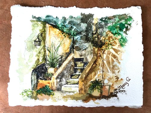Grandma's Porch Original Watercolor mounted on Handmade Paper Gold Frame by Mary Gullette