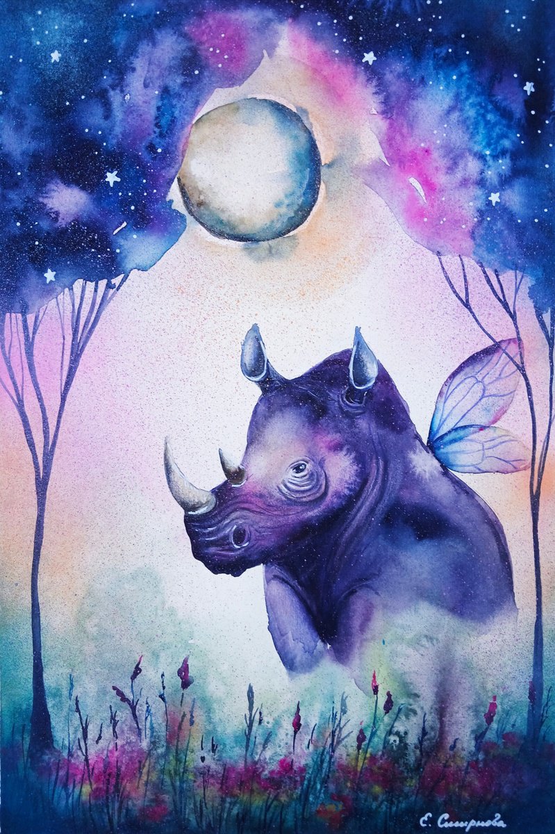 Surrealistic Animal Painting By Evgenia Smirnova, 15 X 22, Violet Guardian, Original Artwork