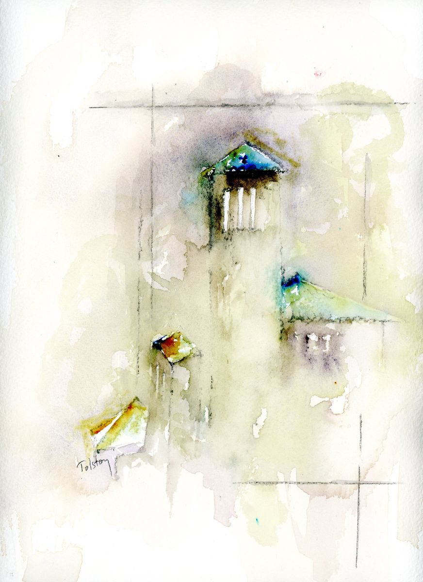 Impressionistic Cityscapes Watercolour By Alex Tolstoy, 10 X 14, The Tower And Roofs, Original Artwork