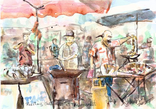Roasting chestnuts at the market by Gordon T.
