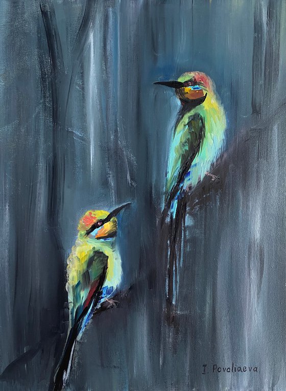 Two bright birds original oil painting , one of a kind, medium, home decor
