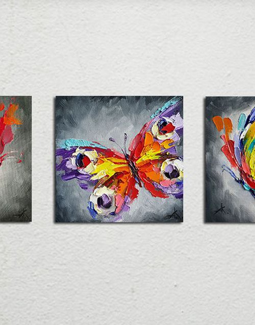 Triptych "Flight together" - triptych, triptych butterfly, insects, oil painting, butterfly, butterfly art, gift, art by Anastasia Kozorez