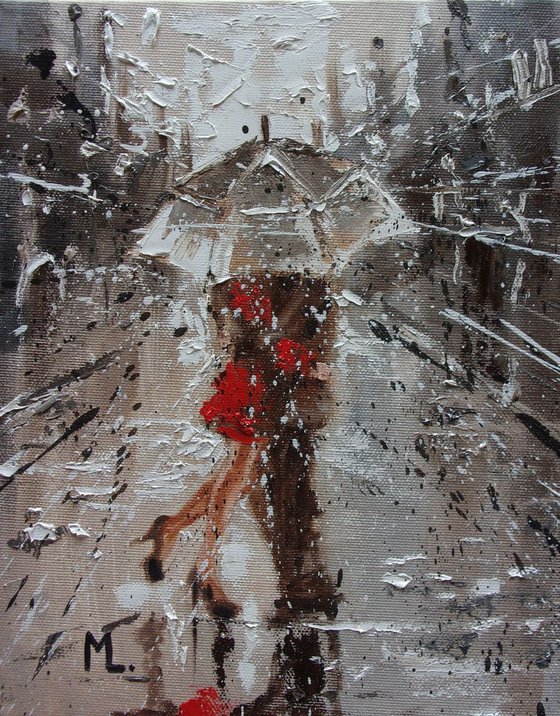 " DATE IN THE RAIN " original painting  palette knife COUPLE CITY GIFT