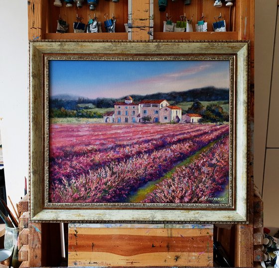 "Pink lavender"  landscape summer trees lavender liGHt original painting PALETTE KNIFE  GIFT (2018)