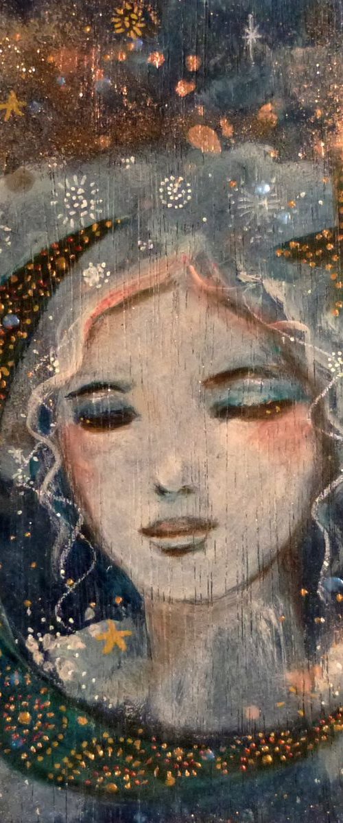 "Waiting for the dawn." mixed media on wood  20x20cm by Loetitia Pillault