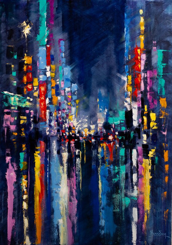 "Night city" Large painting 85x60 cm