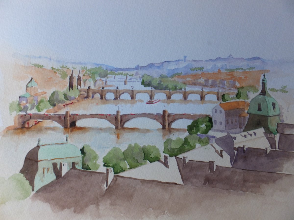 Photorealistic Cityscapes Watercolour By David Harmer, 19 X 15, Bridges Of Prague, Original Artwork