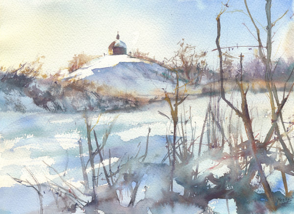 A chapel in winter Vytachiv by Merite Watercolour