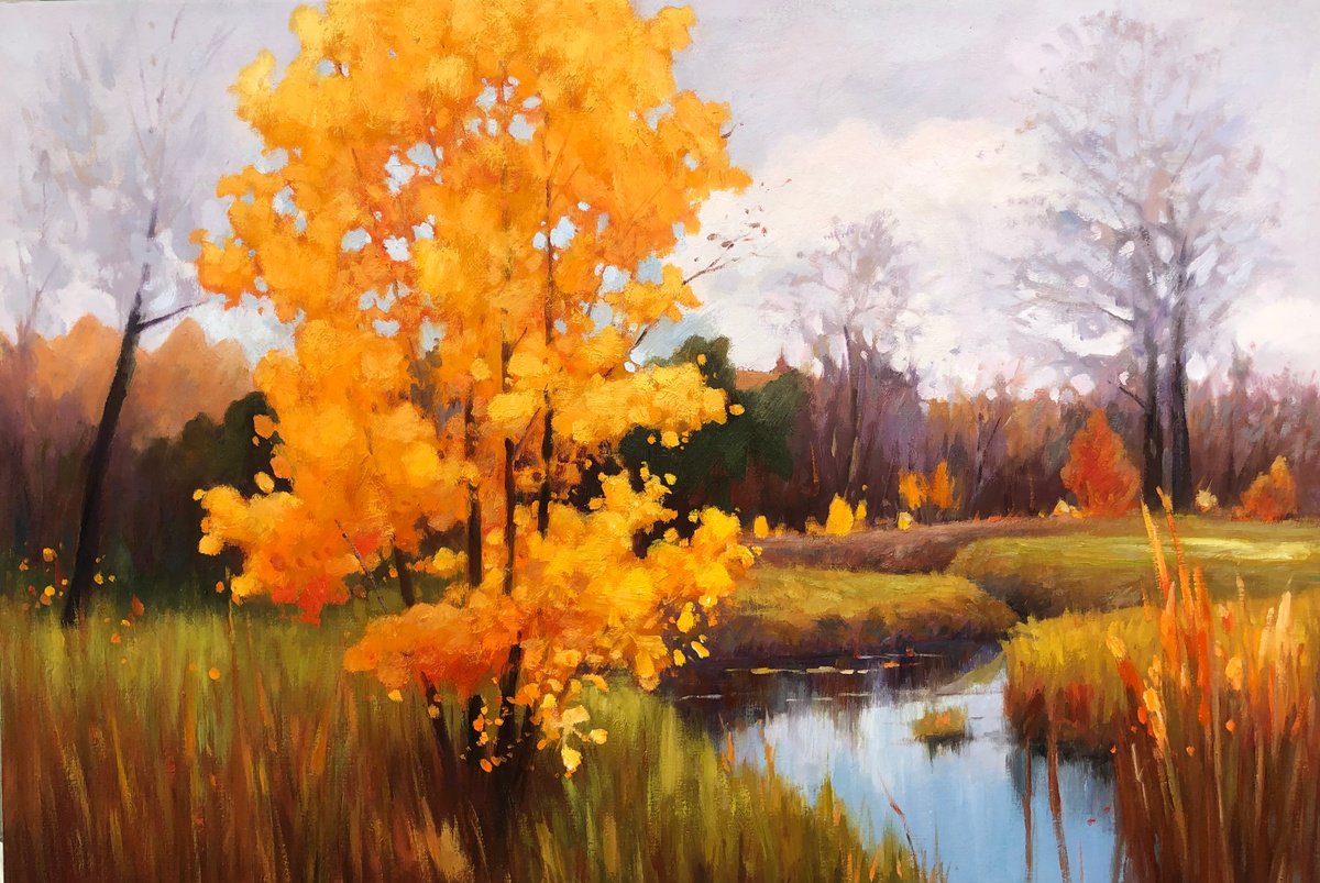 Impressionistic Landscape Oil Painting By Jianzhe Chon, 35 X 24, Autumn Forrest Z018, Original Artwork