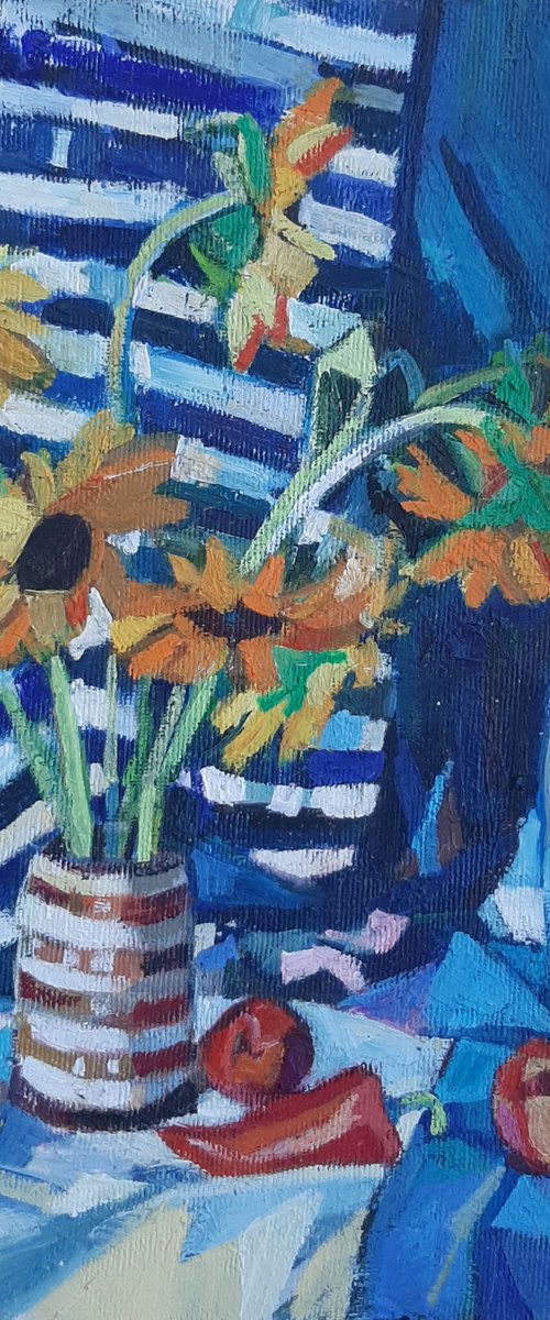 Sunflowers with striped drapery by Maja Đokić Mihajlović