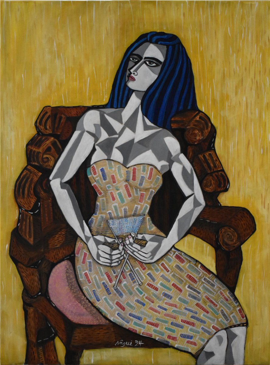 Expressive Portrait Acrylic Painting By Nagui, 30 X 40", Woman Knitting A Small Sweater, Original Artwork