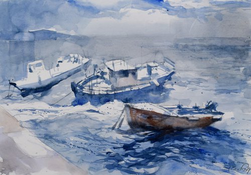 Boats in rough sea by Goran Žigolić Watercolors