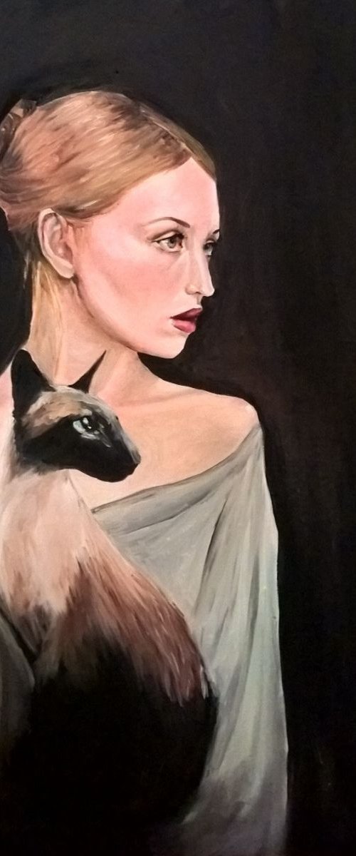Woman with a siamese cat by Viktória Déri