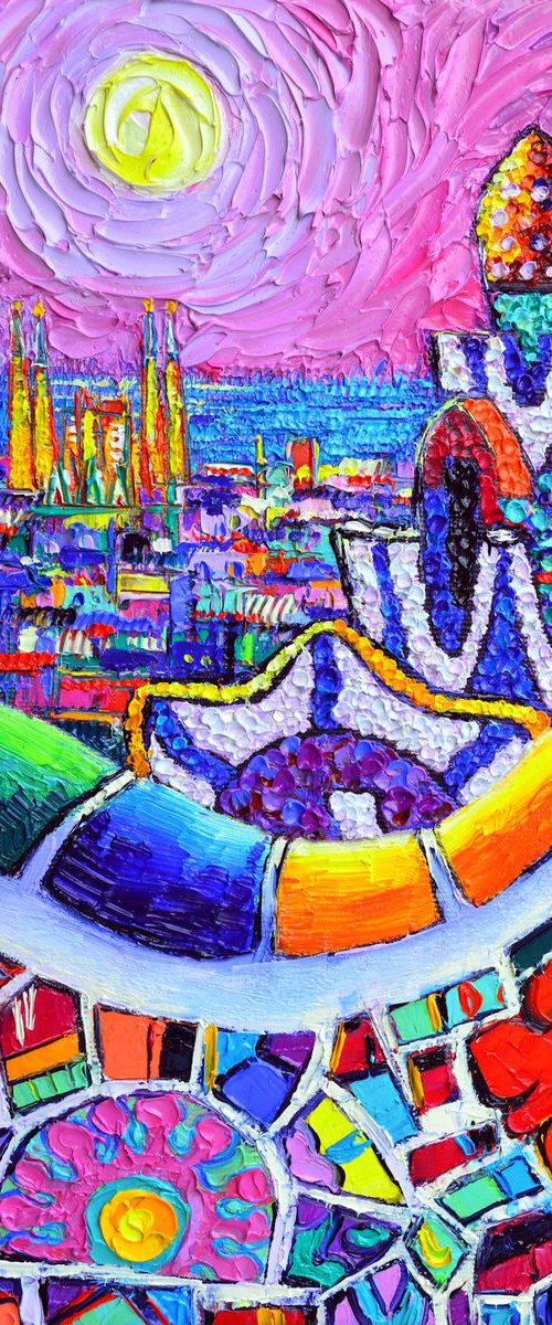 ABSTRACT CITYSCAPE - BARCELONA PARK GUELL COLORFUL NIGHT - textural impasto impressionist abstract stylized city view palette knife oil painting by Ana Maria Edulescu by ANA MARIA EDULESCU