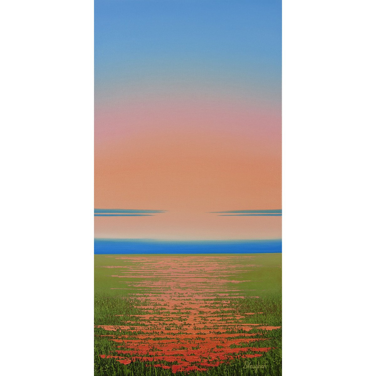 Impressionistic Landscape Oil Painting By Suzanne Vaughan, 12 X 24", Soft Sky Blush - Flower Field, Original Artwork