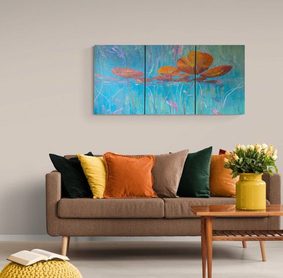 ‘Lilies Surfacing’ Triptych Oil Painting