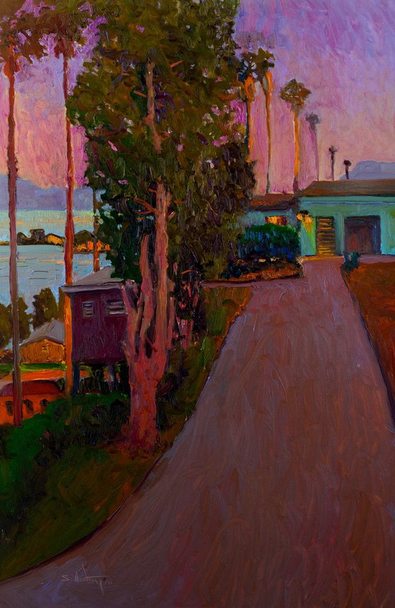 Dusk. Driveway in California