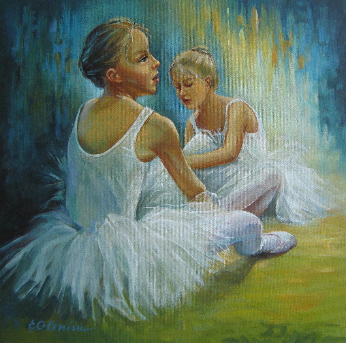 Impressionistic Portrait Acrylic Painting By Elena Oleniuc, 12 X 12, Little Ballerinas - Ballet Art, Original Artwork