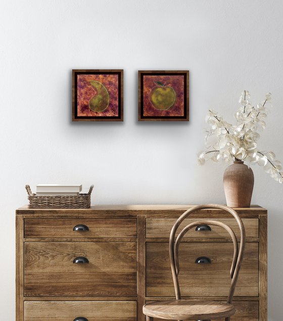 Diptych of small oil paintings with pear and apple fruits