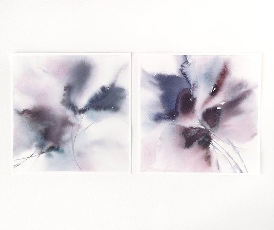 Blue abstract flowers. Set of 2 small watercolor floral paintings