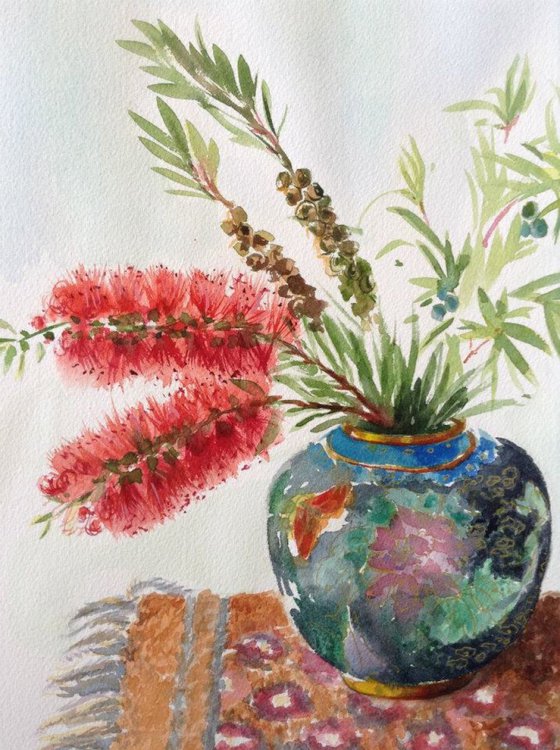 Red Bottlebrush in Cloisonne Ginger Jar