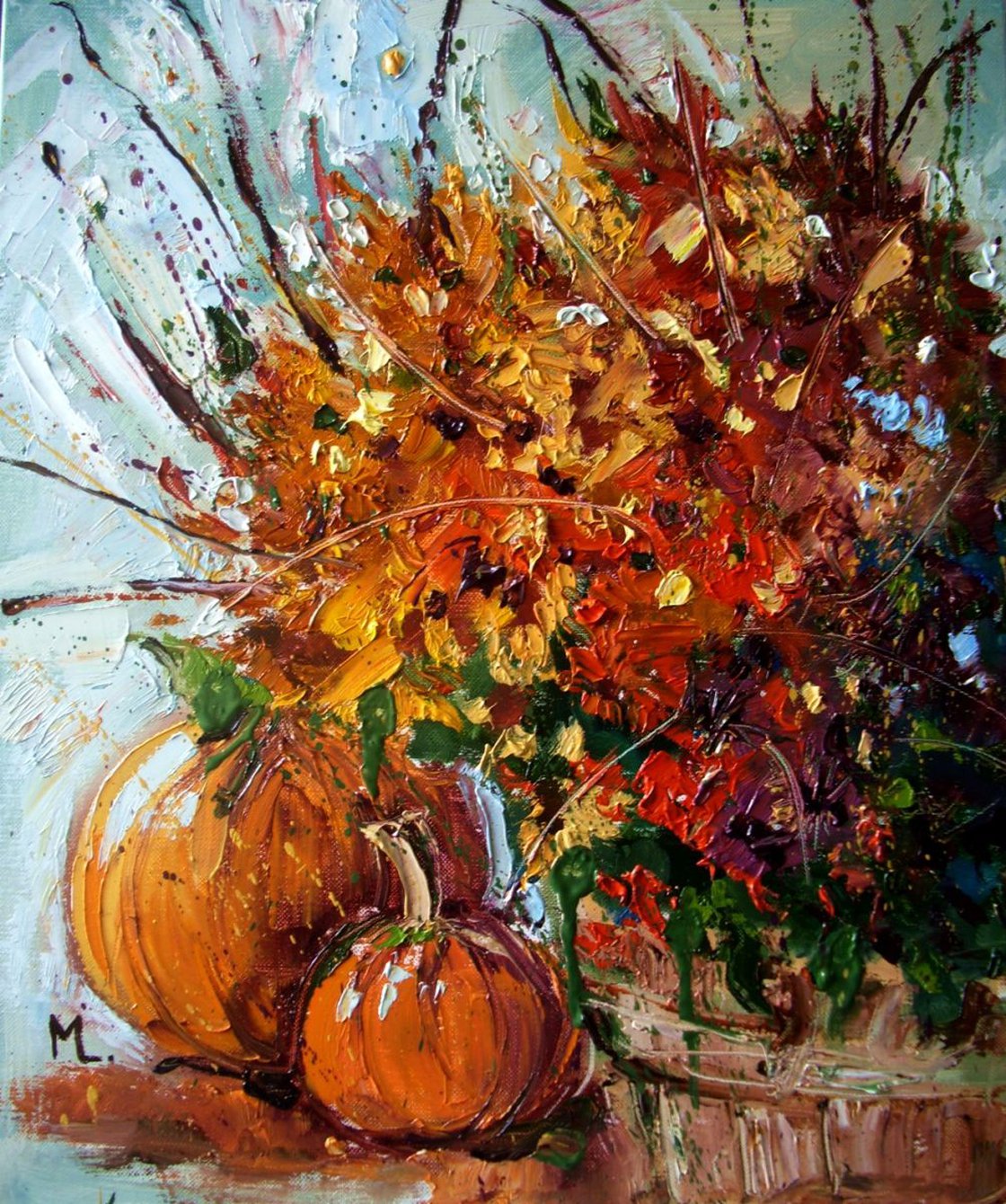 Original acrylic painting, 'Where the pumpkin field starts' , newest orange and brown expressive sunny abstract art from artist