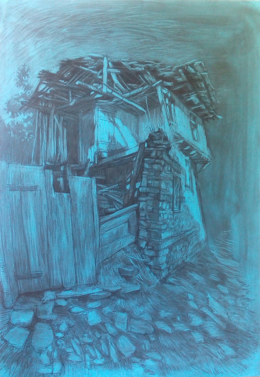 Cityscapes Charcoal Drawing By Zlatina Krusteva, 28 X 39", "House In Dolen Village", Original Artwork