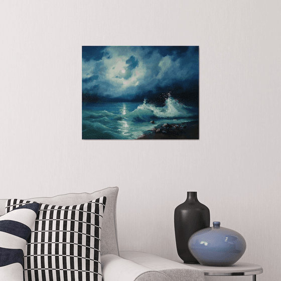 "Night sea." seascape sea night liGHt original painting  GIFT (2020)