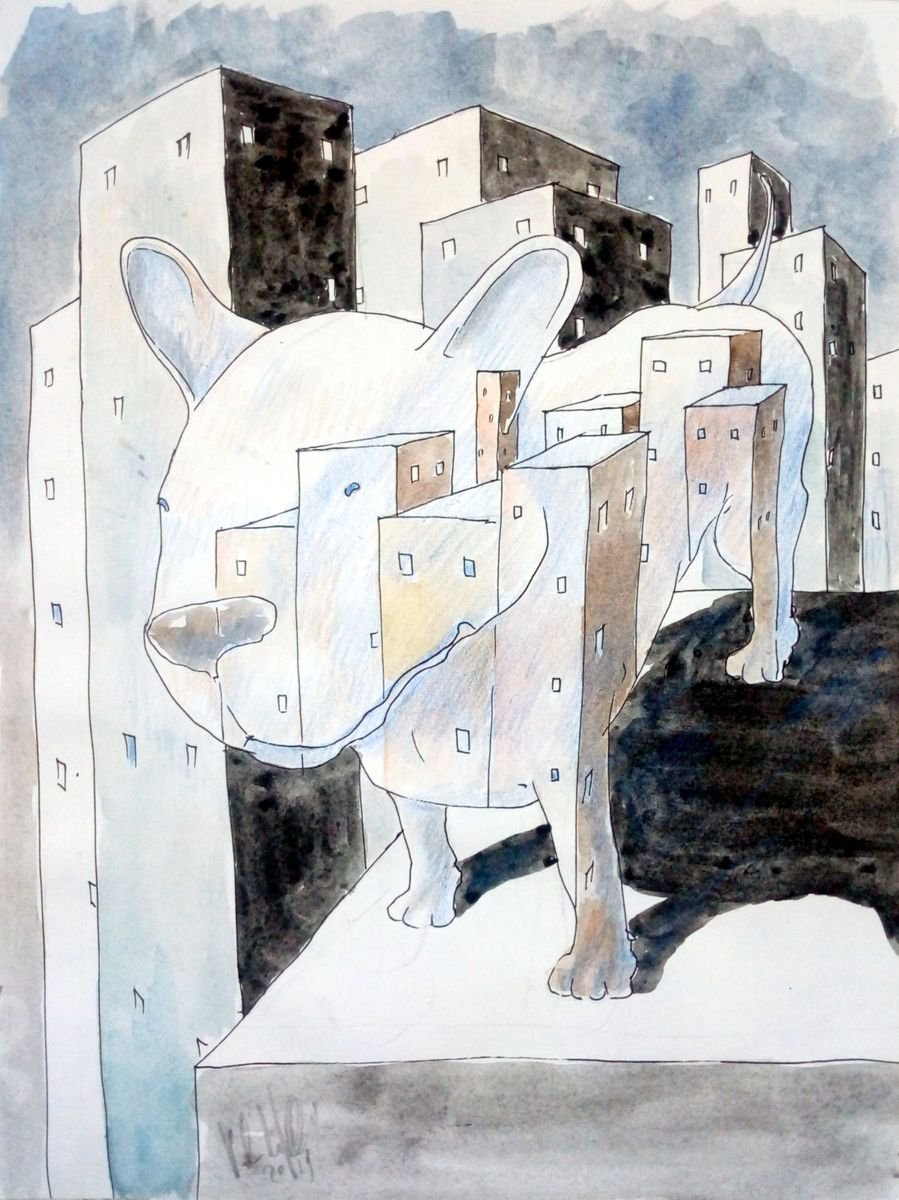 Illustrative Animal Watercolour By Paolo Beneforti, 11 X 14", Urban Dogs, Original Artwork