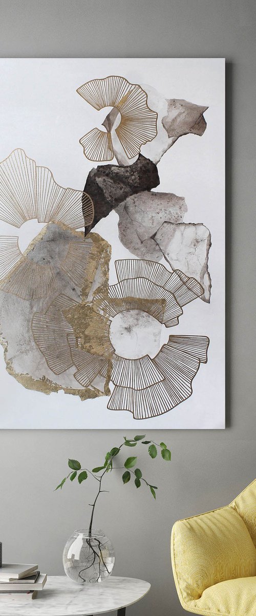 "Voile 3" Abstrat gold gray acrylic art by Marine Boiko