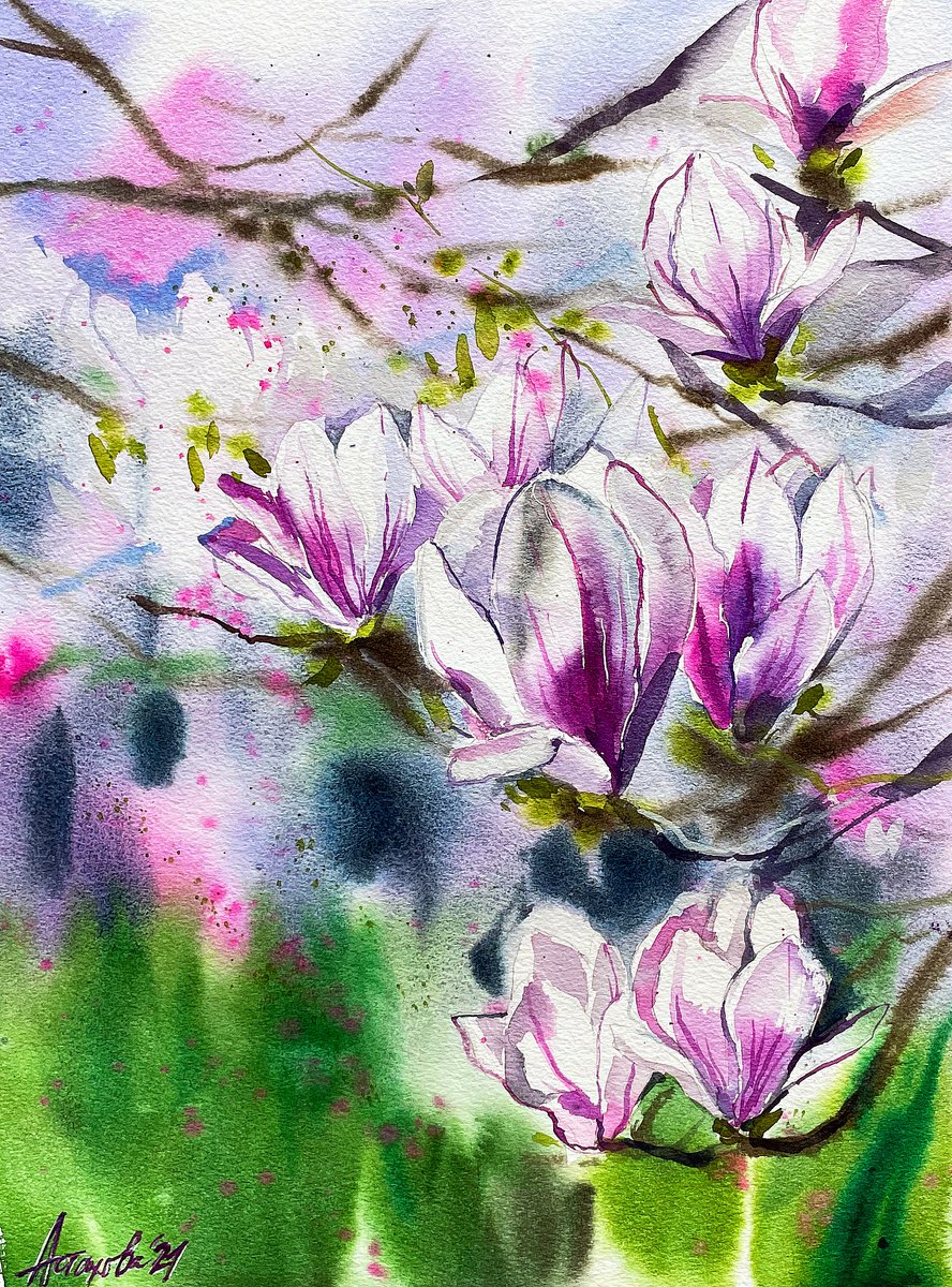 Impressionistic Botanical Watercolour By Ksenia Astakhova, 12 X 16", Magnolia From Prilly, Original Artwork