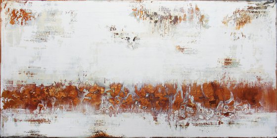 BOUNDARY RIVER * 63" x 31.5" * ABSTRACT TEXTURED ARTWORK ON CANVAS * WHITE * RUST
