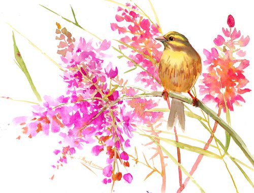 YellowHammer and Pink Flowers by Suren Nersisyan