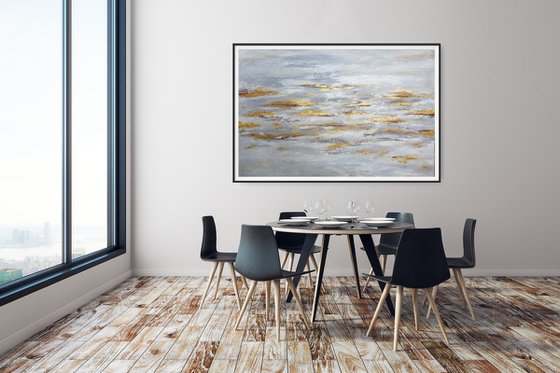 Large Abstract White Gray and Gold Painting (