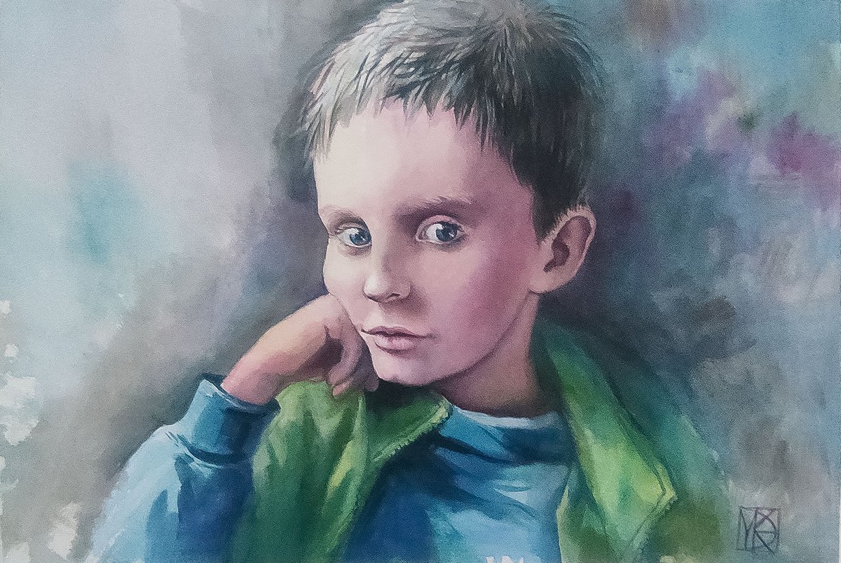 Watercolor portrait of child for commission( from a photo) by Maria Kireev