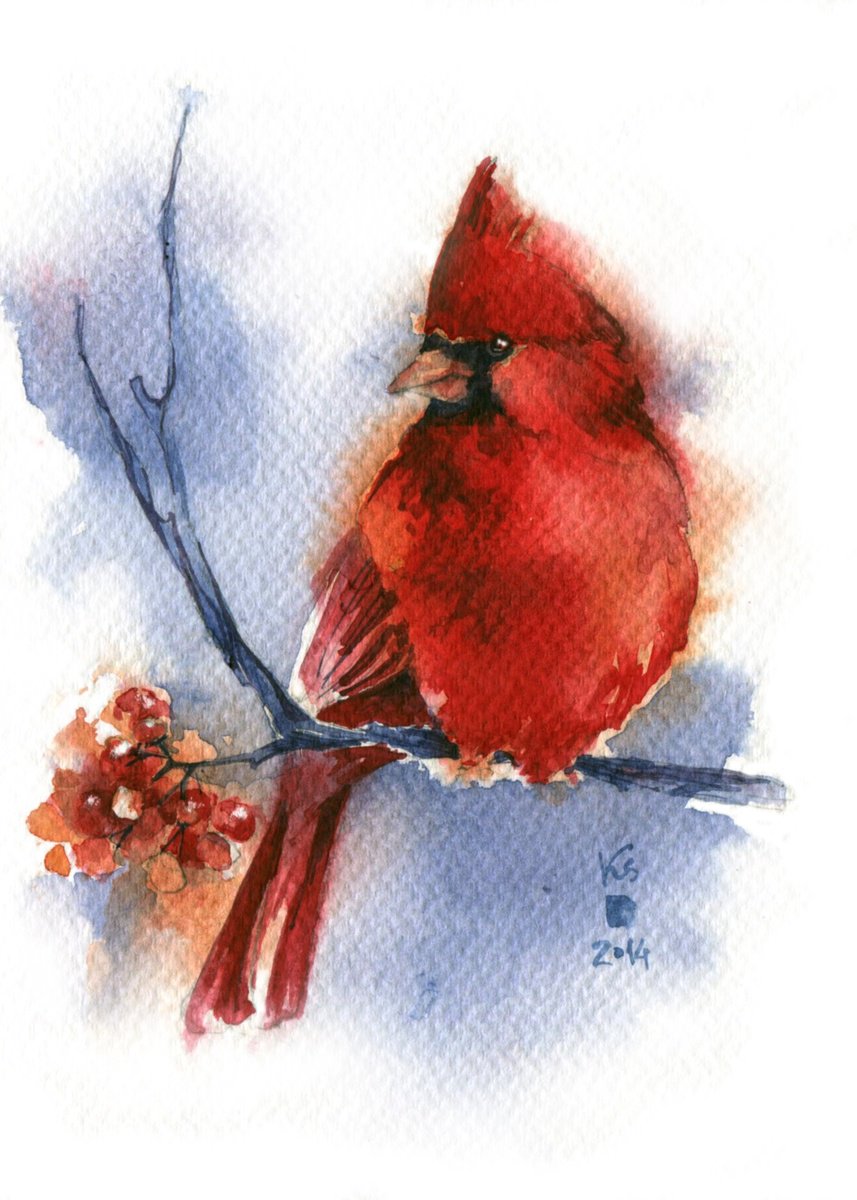 Watercolor New Year’s card Red cardinal bird on a branch by Ksenia Selianko