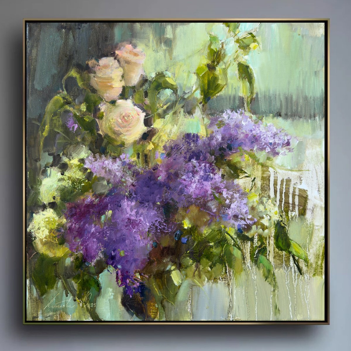 Impressionistic Botanical Oil Painting By Olha Laptieva, 16 X 16", Lilacs On My Window, Original Artwork