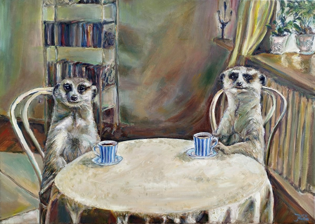 Surrealistic Animal Oil Painting By Jura Kuba Art, 28 X 20", Meerkats At Home, Original Artwork