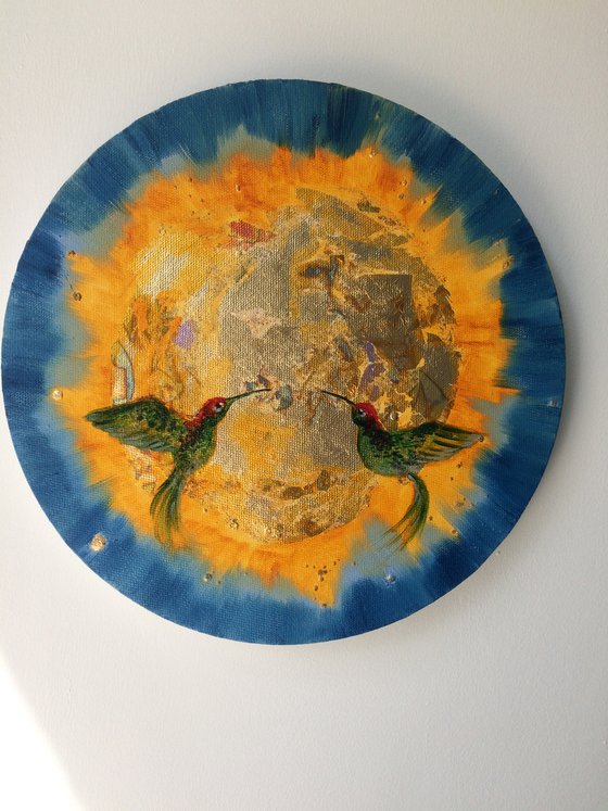 To the Sun - Mixed media round painting with two birds