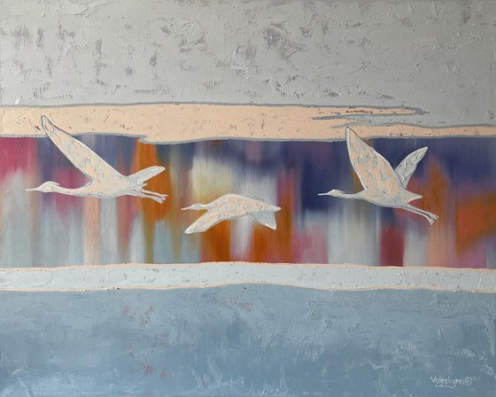 "Three birds". Original oil painting. Abstraction